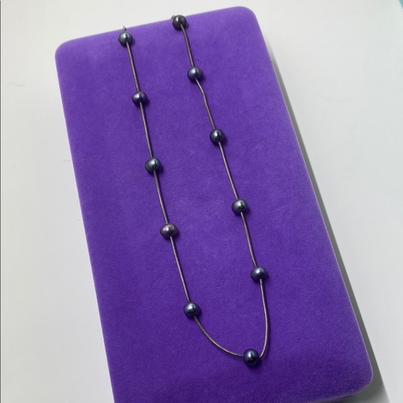 💛 Vintage 925 Silver Black Pearl Station Necklace - Picture 3 of 5